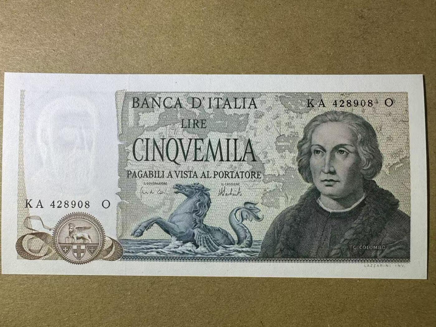 【Blue Auction】世界纸币精拍第768期——18级TOP拍卖/信誉/品质/专业/高效💫 意大利 5000里拉 哥伦布 	AU