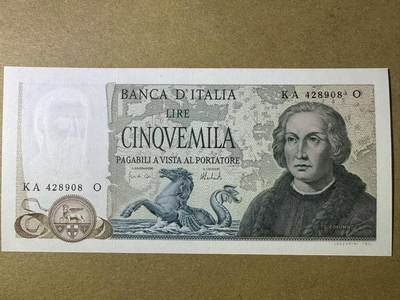 【Blue Auction】世界纸币精拍第768期——18级TOP拍卖/信誉/品质/专业/高效💫 - 意大利 5000里拉 哥伦布 	AU