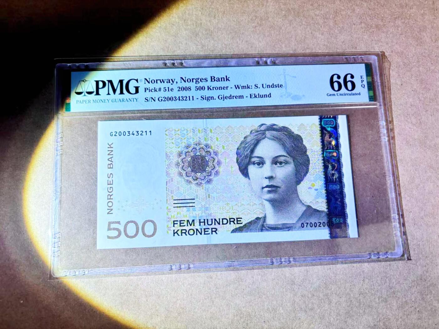【Blue Auction】世界纸币精拍第768期——18级TOP拍卖/信誉/品质/专业/高效💫 挪威 2008年500克朗 PMG66EPQ 