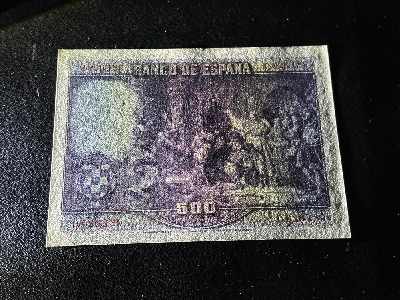 《外钞收藏家》第五百九十七期（年底收官场）（本平台长期征集拍品、欢迎藏友们联系合作） 1928年西班牙500比塞塔 UNC- 边角有瑕疵 精美BWC大票幅