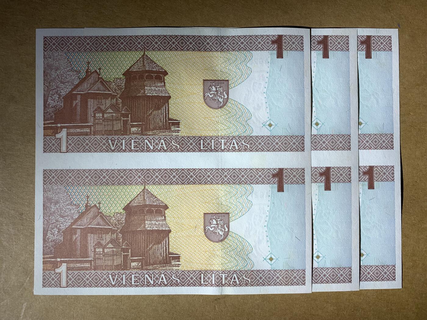 【礼羽收藏】🌏世界钱币拍卖第118期 全新UNC 1994年立陶宛1立特 双连体钞  三连号