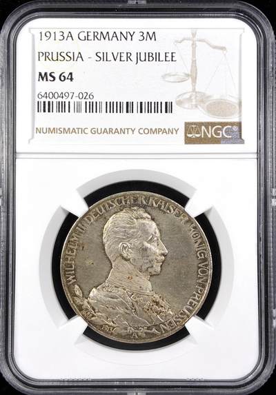 【雨安】【直播拍卖】【世界币章122期-评级币】2025-12-27 周六 19:30 保真 - [评级德国] Germany 德国 帝国 J.112 普鲁士 3马克 (1913) 军装花枝 1913年  NGC-MS64