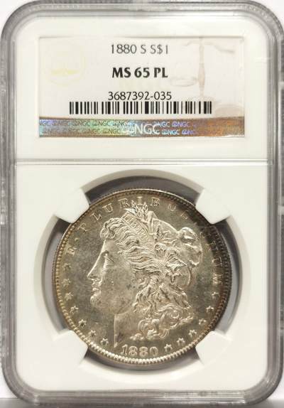 博洋堂世界钱币拍卖第154期（全场包邮） - NGC MS65PL 美国1880年S版摩根$1银币 币面双面图案凝霜质感与底板形成强烈视觉反差 类镜面高分状态下仍留存绝美月牙五彩包浆实属难得 老盒品质保障 麦稀奇近期热涨品种