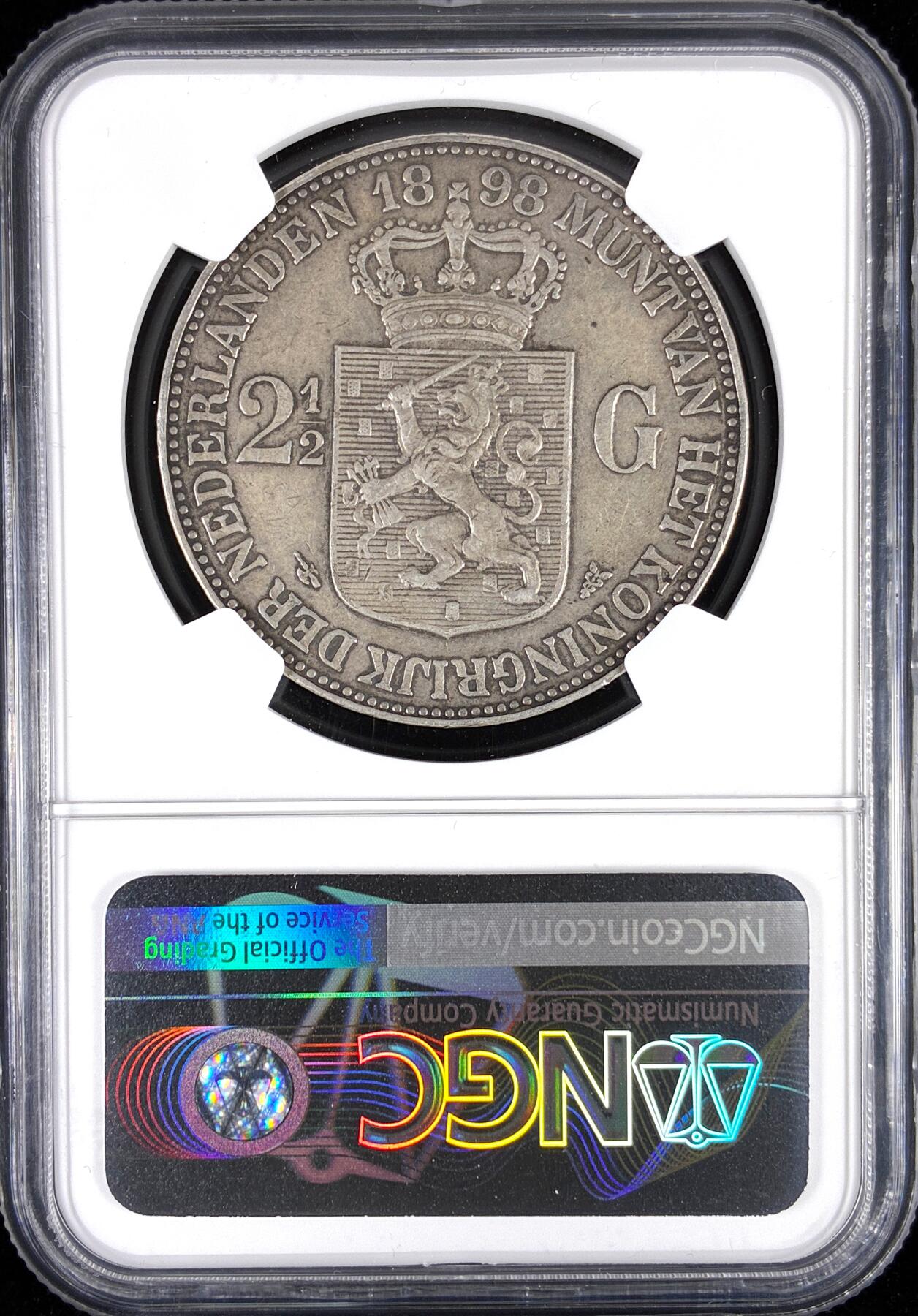 【雨安】【直播拍卖】【世界币章122期-评级币】2025-12-27 周六 19:30 保真 [评级欧洲] Netherlands 荷兰 王国 威廉明娜 2.5盾 1898年  NGC-XF45