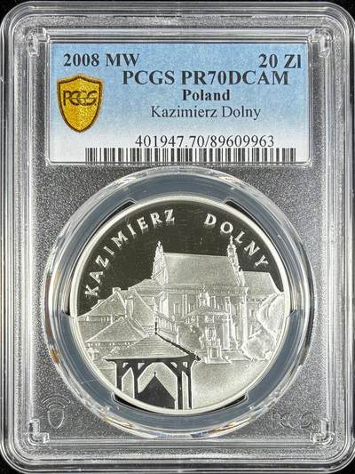 【雨安】【直播拍卖】【世界币章122期-评级币】2025-12-27 周六 19:30 保真 - [评级现代] Poland 波兰 20兹罗提 2008年 卡齐米日多尔尼市 PCGS-PR70DCAM 精制币