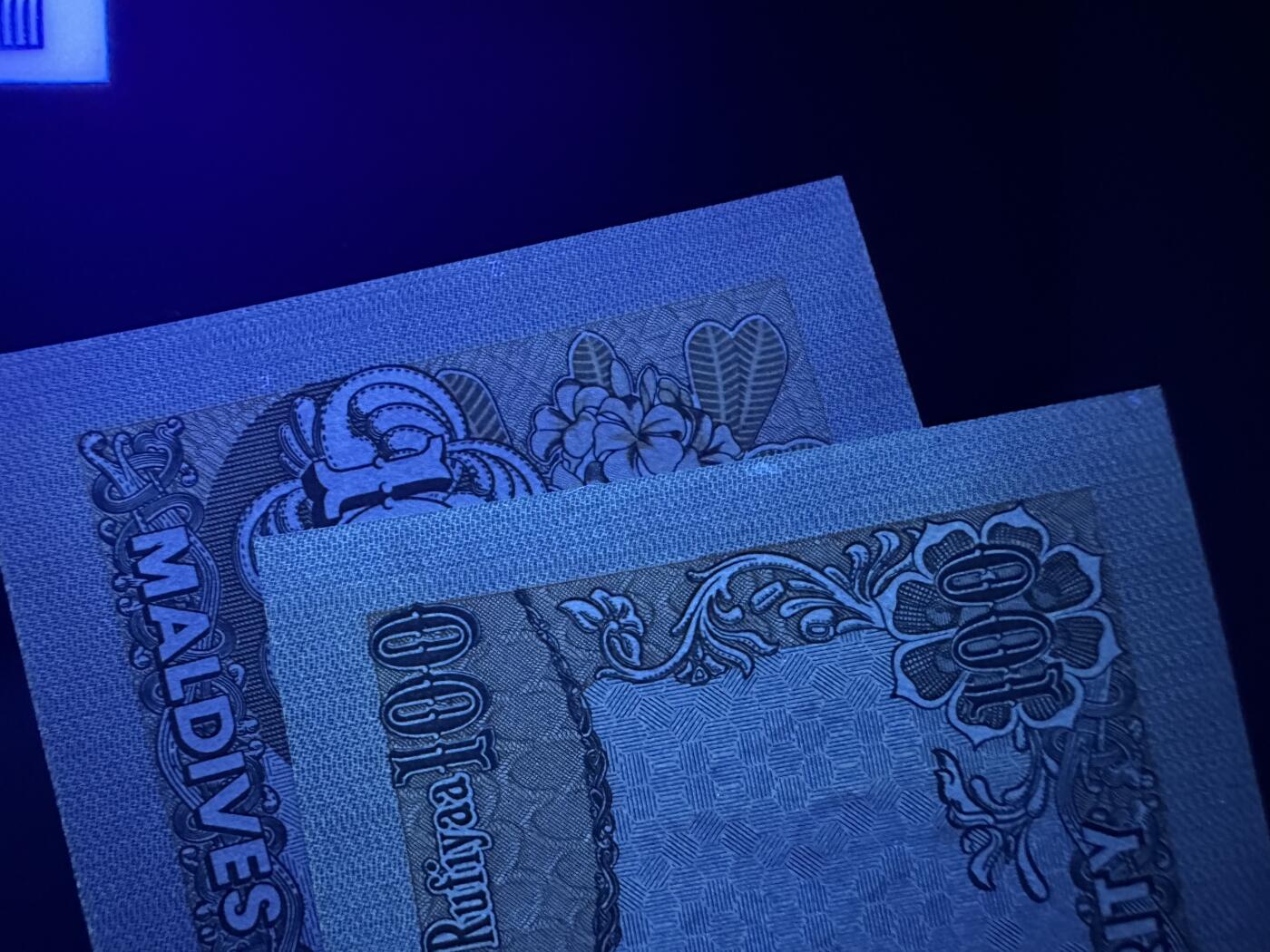 《外钞收藏家》第五百九十七期（年底收官场）（本平台长期征集拍品、欢迎藏友们联系合作） 1995年马尔代夫100 2张一起 全新 有个别不明显荧光点