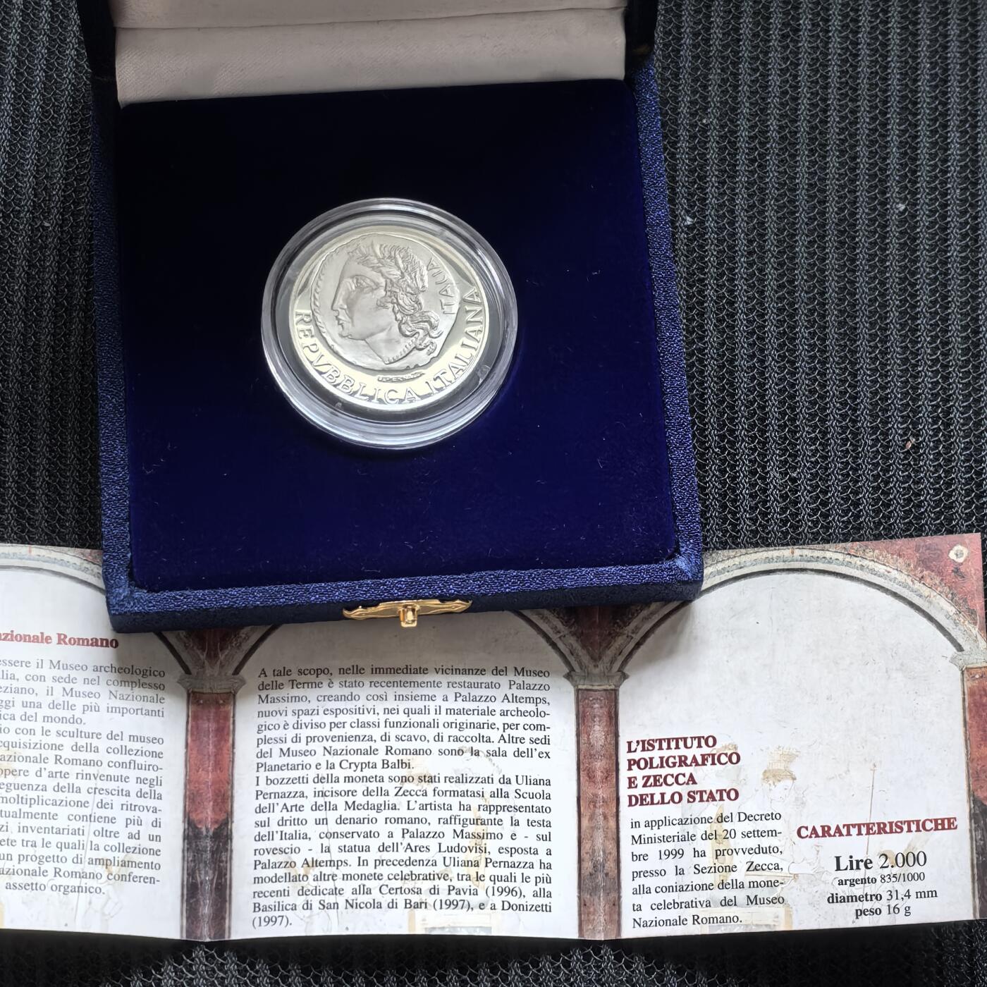 道一币馆币章第一百六十二场 原盒证 意大利1999年罗马国家博物馆成立百年2000里拉精制银币 6700