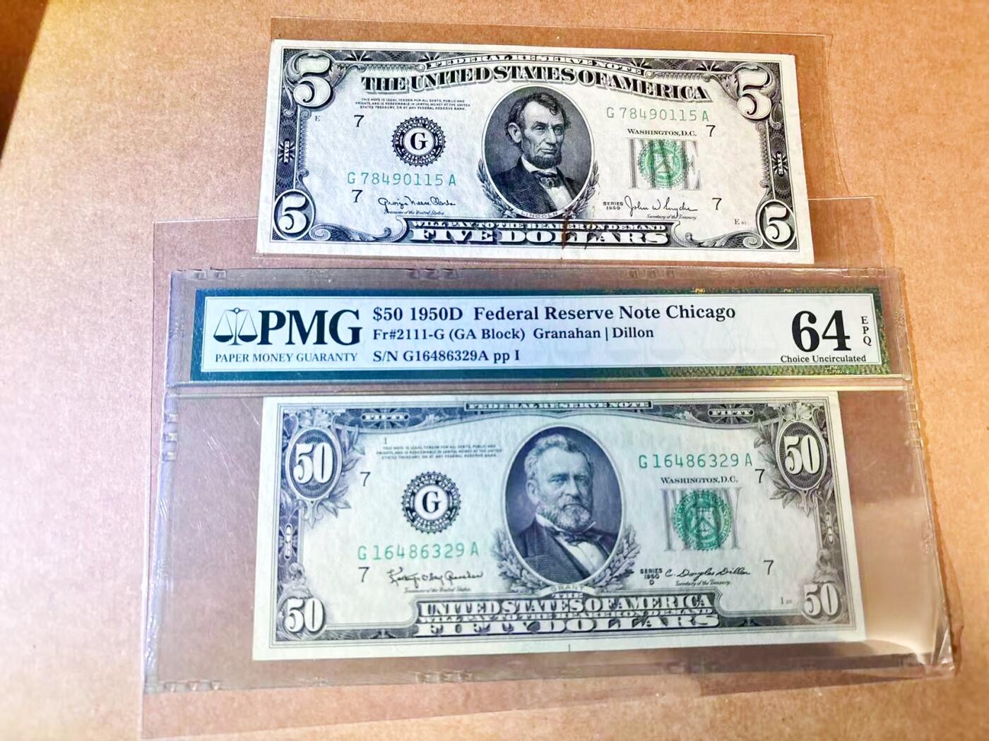 【Blue Auction】世界纸币精拍第768期——18级TOP拍卖/信誉/品质/专业/高效💫 【一组2张】美国 1950D 50美金 PMG64EPQ&1950年5美金 品相如图
