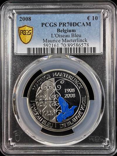 【雨安】【直播拍卖】【世界币章122期-评级币】2025-12-27 周六 19:30 保真 - [评级欧元] Belgium 欧元 比利时 10欧元 2008年 剧作家莫里斯·梅特林克名作《青鸟》 PCGS-PR70DCAM 精制币