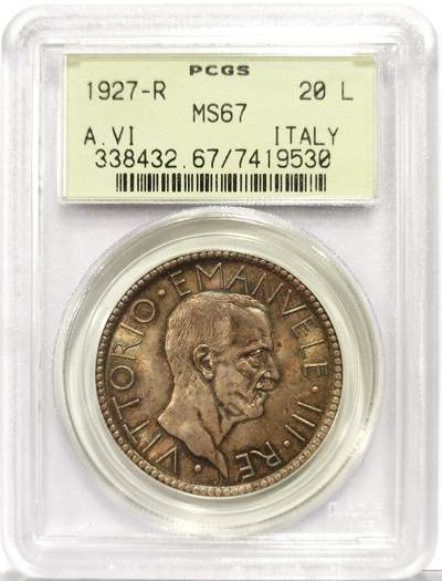 博洋堂世界钱币拍卖第154期（全场包邮） - PCGS MS67 PCGS唯二冠军分数 1927年意大利20里拉大银币 意大利大银币中的名誉品种，无与伦比的五彩包浆，底板细腻丝滑几近无暇，视觉效果在同品种中堪称最佳。经典罗马风格复古设计，人物线条细腻流畅，堪称近代欧洲钱币中的最佳设计之一。PCGS最早期的老黄绿色标签，盒子本身就是30年以上的老古董，但是保存状态极佳。67分在这个品种是大门槛，许多人一生追求的极致分数