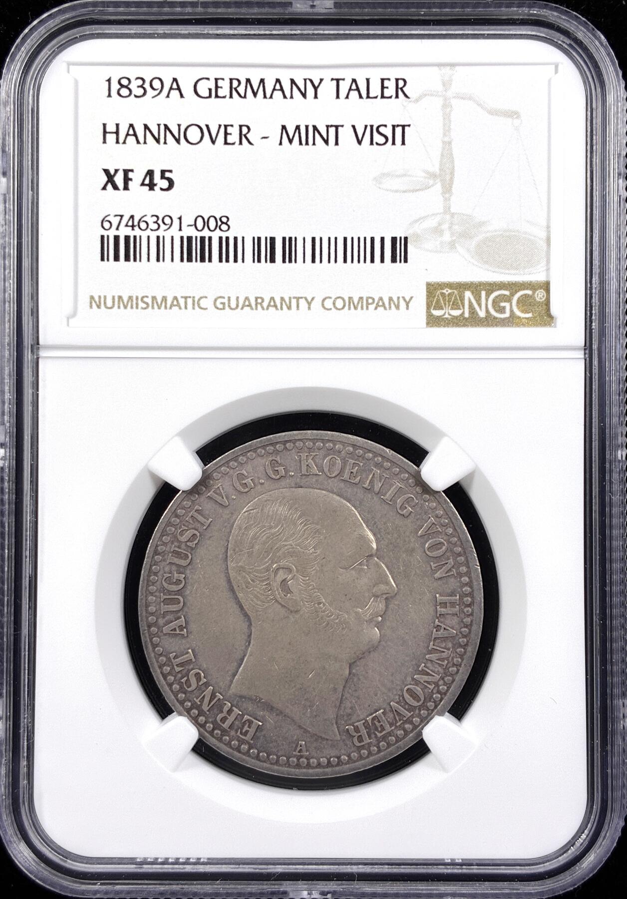 【雨安】【直播拍卖】【世界币章122期-评级币】2025-12-27 周六 19:30 保真 [评级德国] Germany 德国 德意志 1泰勒 Hannover汉诺威 Thun.158 KM#0184 (1839) 访问铸币厂 1839年  NGC-XF45