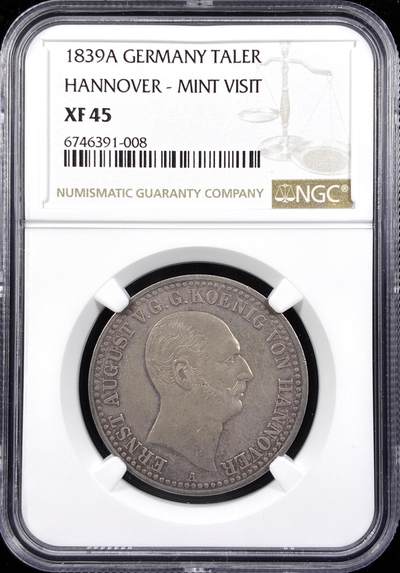 【雨安】【直播拍卖】【世界币章122期-评级币】2025-12-27 周六 19:30 保真 - [评级德国] Germany 德国 德意志 1泰勒 Hannover汉诺威 Thun.158 KM#0184 (1839) 访问铸币厂 1839年  NGC-XF45