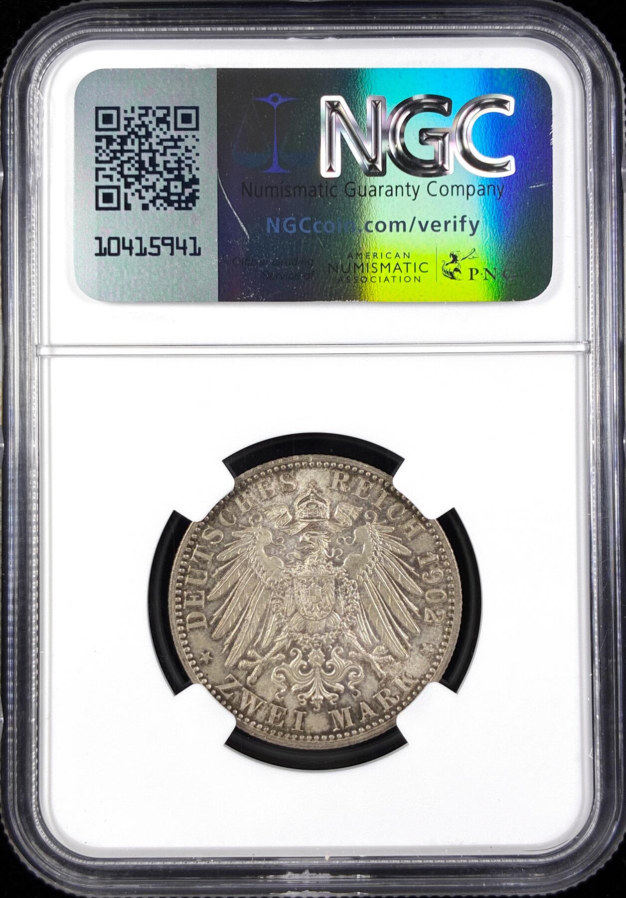 【雨安】【直播拍卖】【世界币章122期-评级币】2025-12-27 周六 19:30 保真 [评级德国] Germany 德国 帝国 J.030 巴登 2马克 (1902) 登基50周年 1902年  NGC-MS64