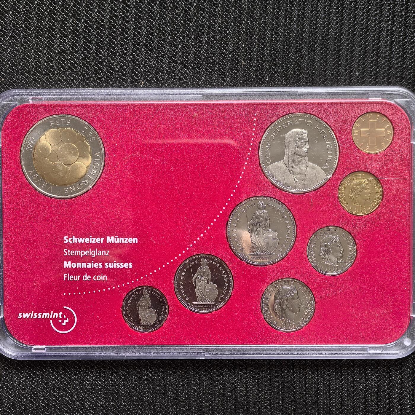 道一币馆币章第一百六十二场 原包装 瑞士1999年葡萄酒节精制套币十枚 含5法郎葡萄酒节纪念币