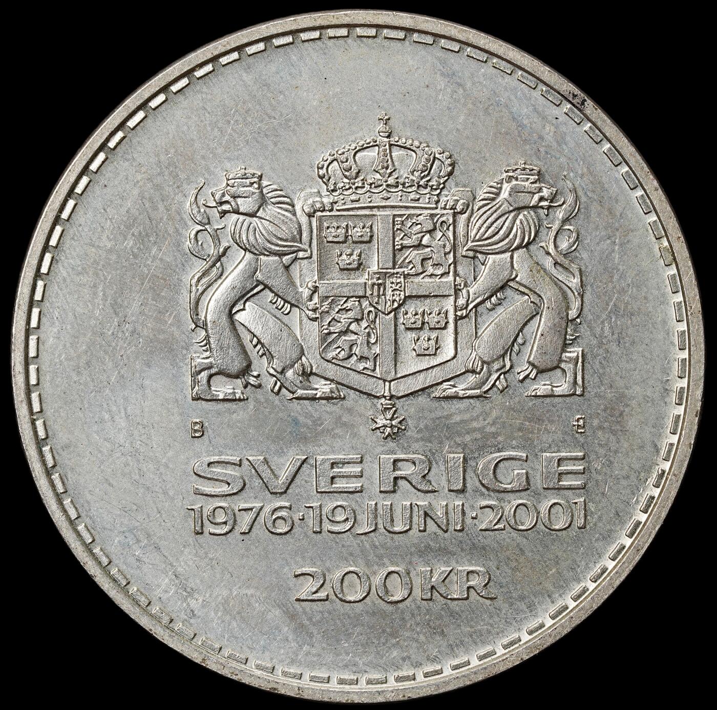 修遠堂世界钱币第九十九期 2001年瑞典卡尔十六世・古斯塔夫与西尔维娅王后银婚纪念200克朗银币 27.23g，925银