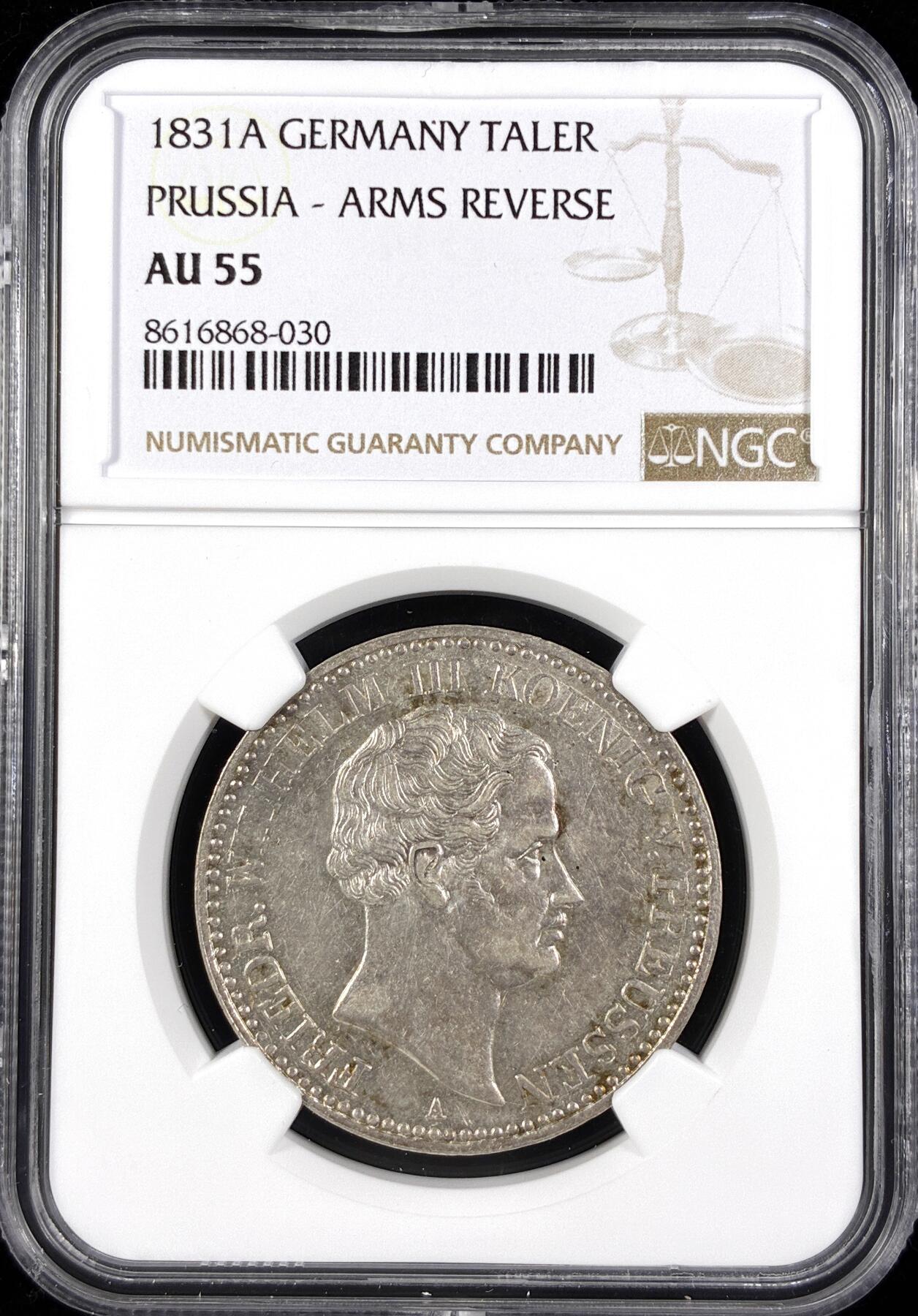 【雨安】【直播拍卖】【世界币章122期-评级币】2025-12-27 周六 19:30 保真 [评级德国] Germany 德国 德意志 1泰勒 Prussia普鲁士 Thun.250 KM#0419 (1828-1840) 腓特烈·威廉三世.大头像.纹章 1831年  NGC-AU55 极美细节, 深打, 底光粉光