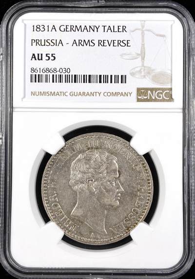 【雨安】【直播拍卖】【世界币章122期-评级币】2025-12-27 周六 19:30 保真 - [评级德国] Germany 德国 德意志 1泰勒 Prussia普鲁士 Thun.250 KM#0419 (1828-1840) 腓特烈·威廉三世.大头像.纹章 1831年  NGC-AU55 极美细节, 深打, 底光粉光