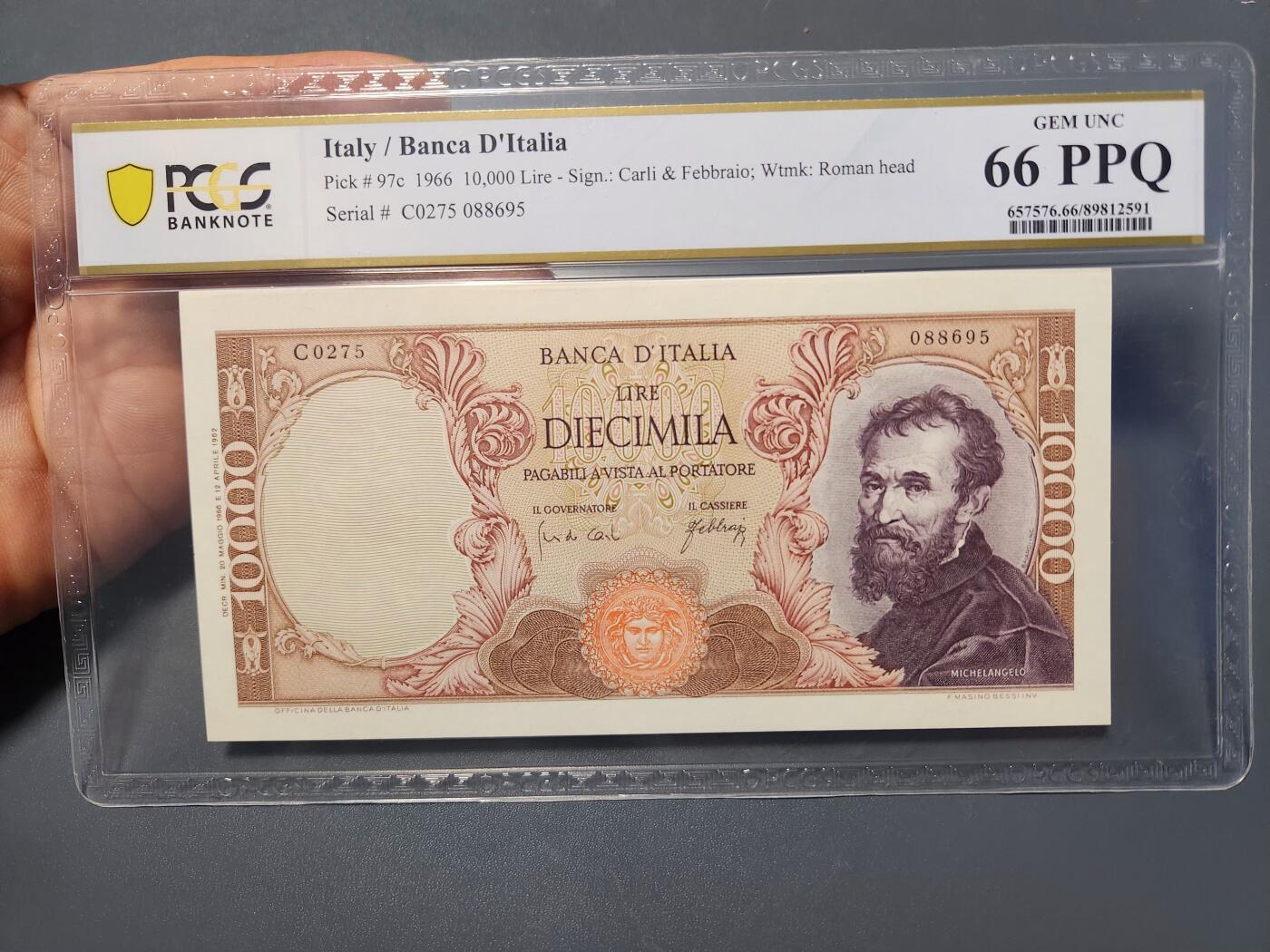 12月27号晚上8点 外国纸币自动截拍第77场 意大利10000里拉 pcgs66