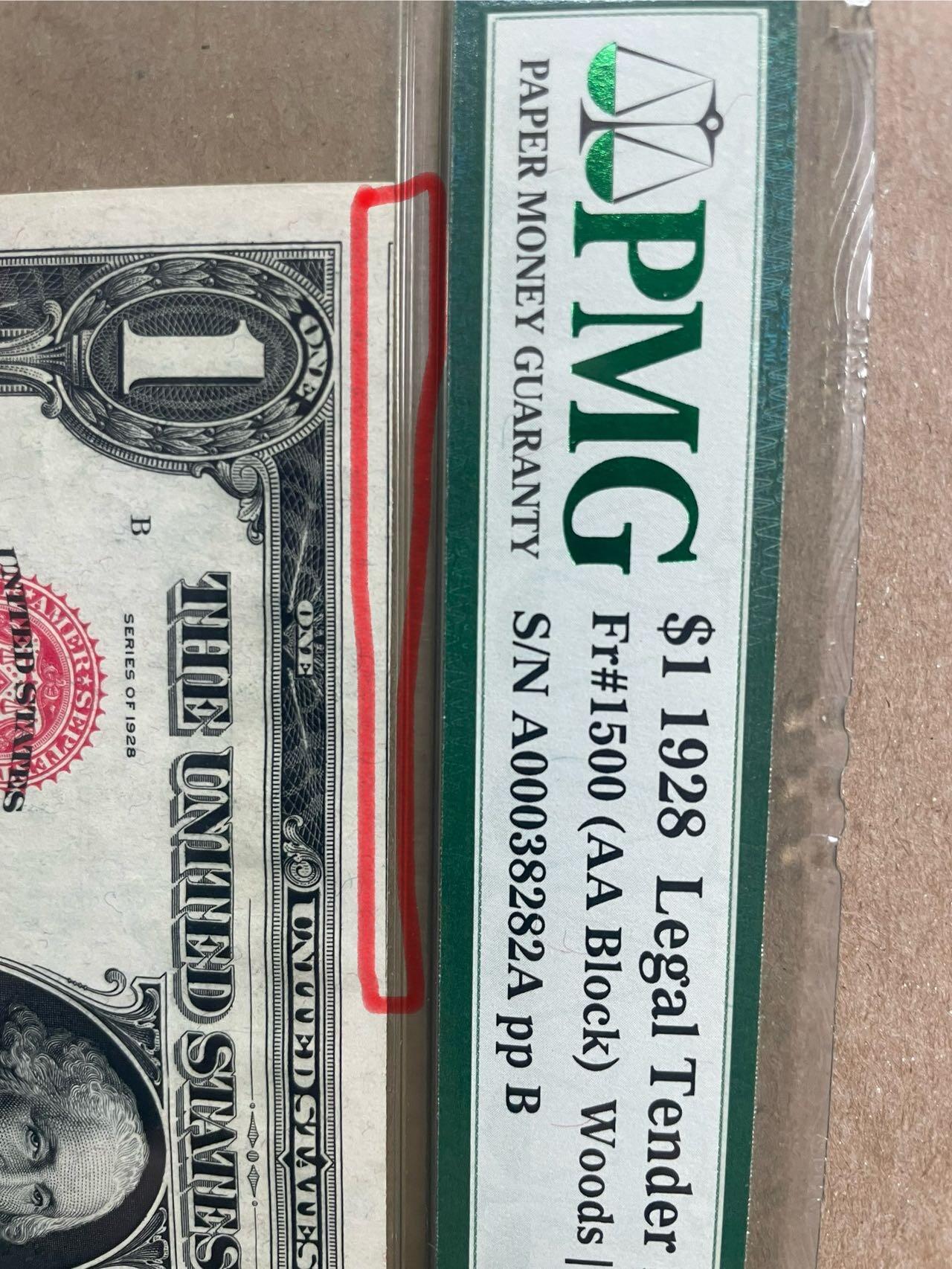 美国1928年政府券1元错版 PMG标签上已标注错版原因 PMG64EPQ A00038282A 