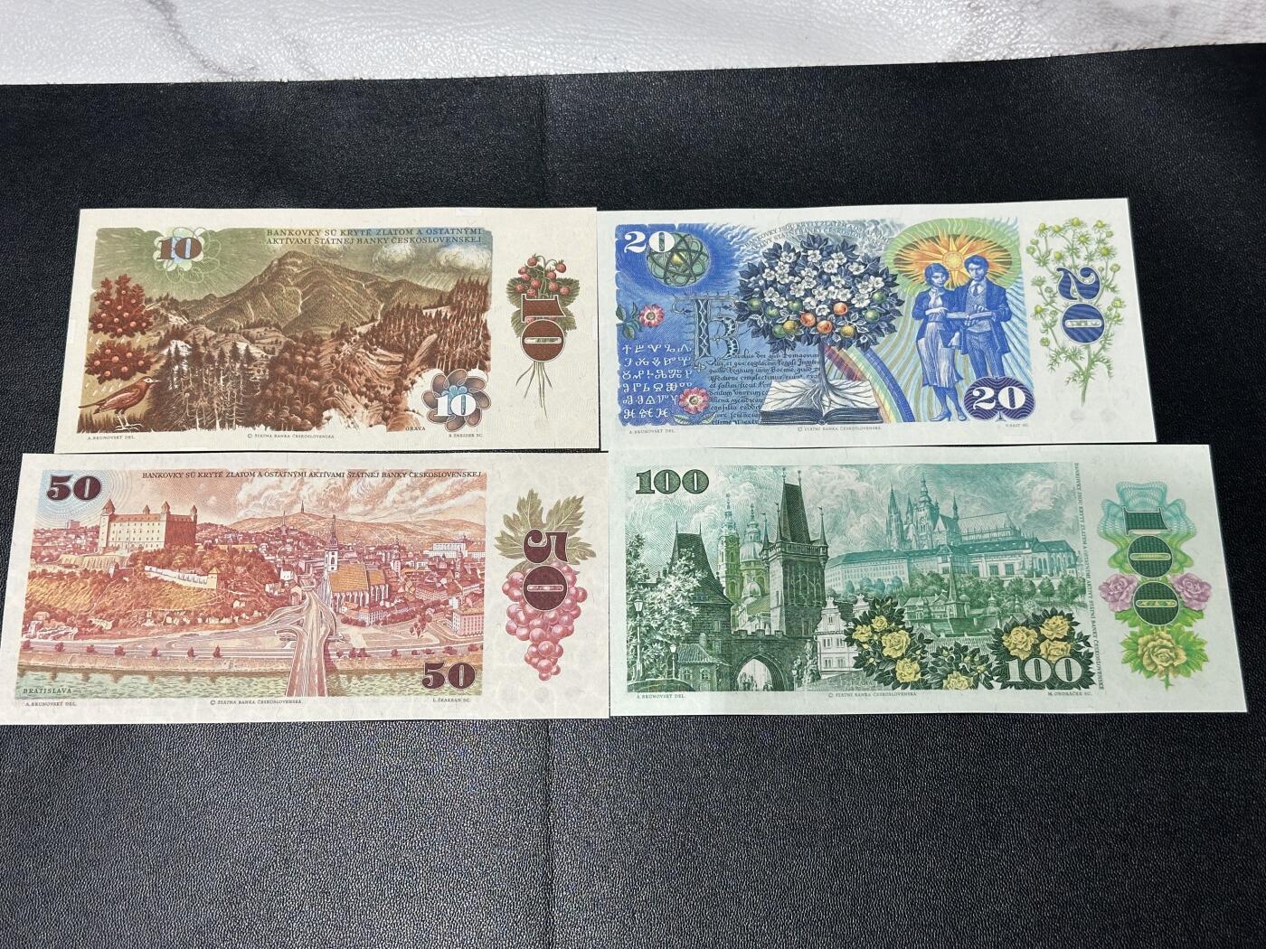 《外钞收藏家》第五百九十七期（年底收官场）（本平台长期征集拍品、欢迎藏友们联系合作） 捷克斯洛伐克10-100面额 四张一起 全新UNC