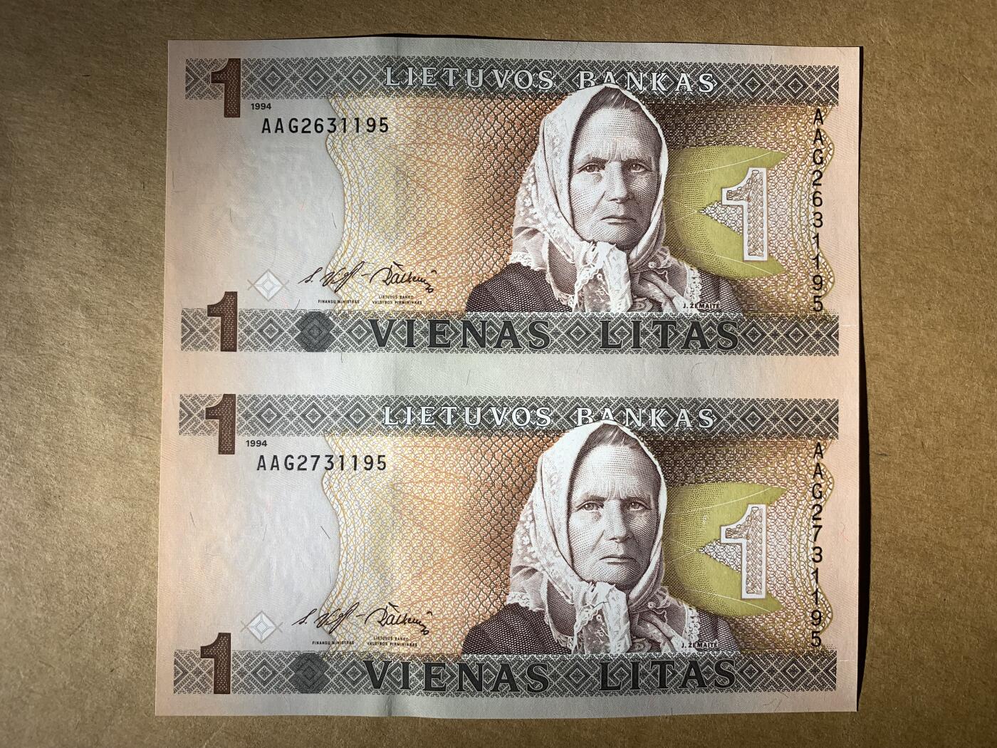 【礼羽收藏】🌏世界钱币拍卖第118期 全新UNC 1994年立陶宛1立特 双连体钞  三连号