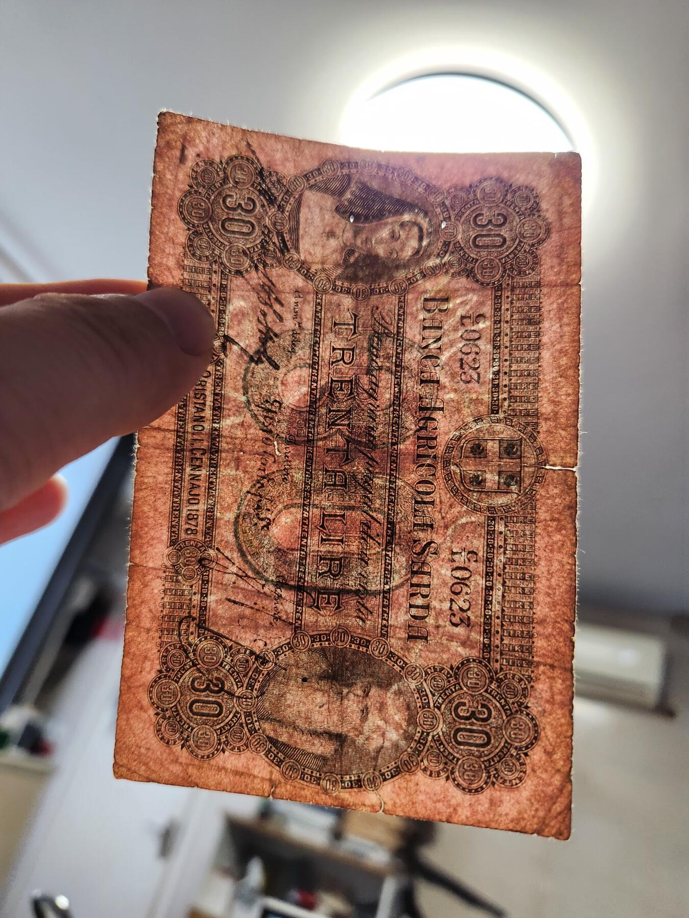 12月27号晚上8点 外国纸币自动截拍第77场 意大利 撒丁岛农业银行 1878年30法郎  珍稀品种