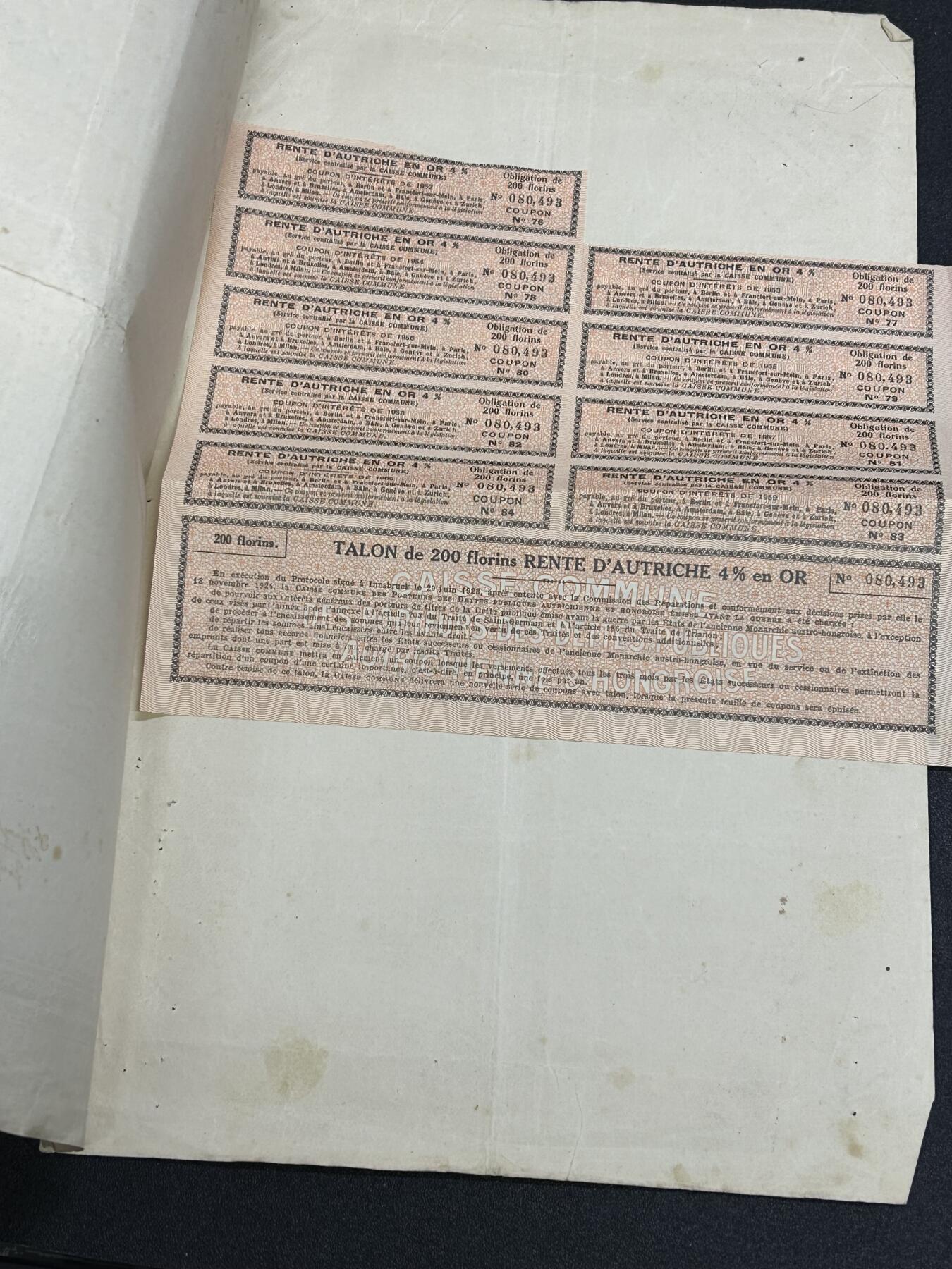 西秦中古拍卖第七十期 奥匈帝国1876年国家租金债券 200金古尔登 全套