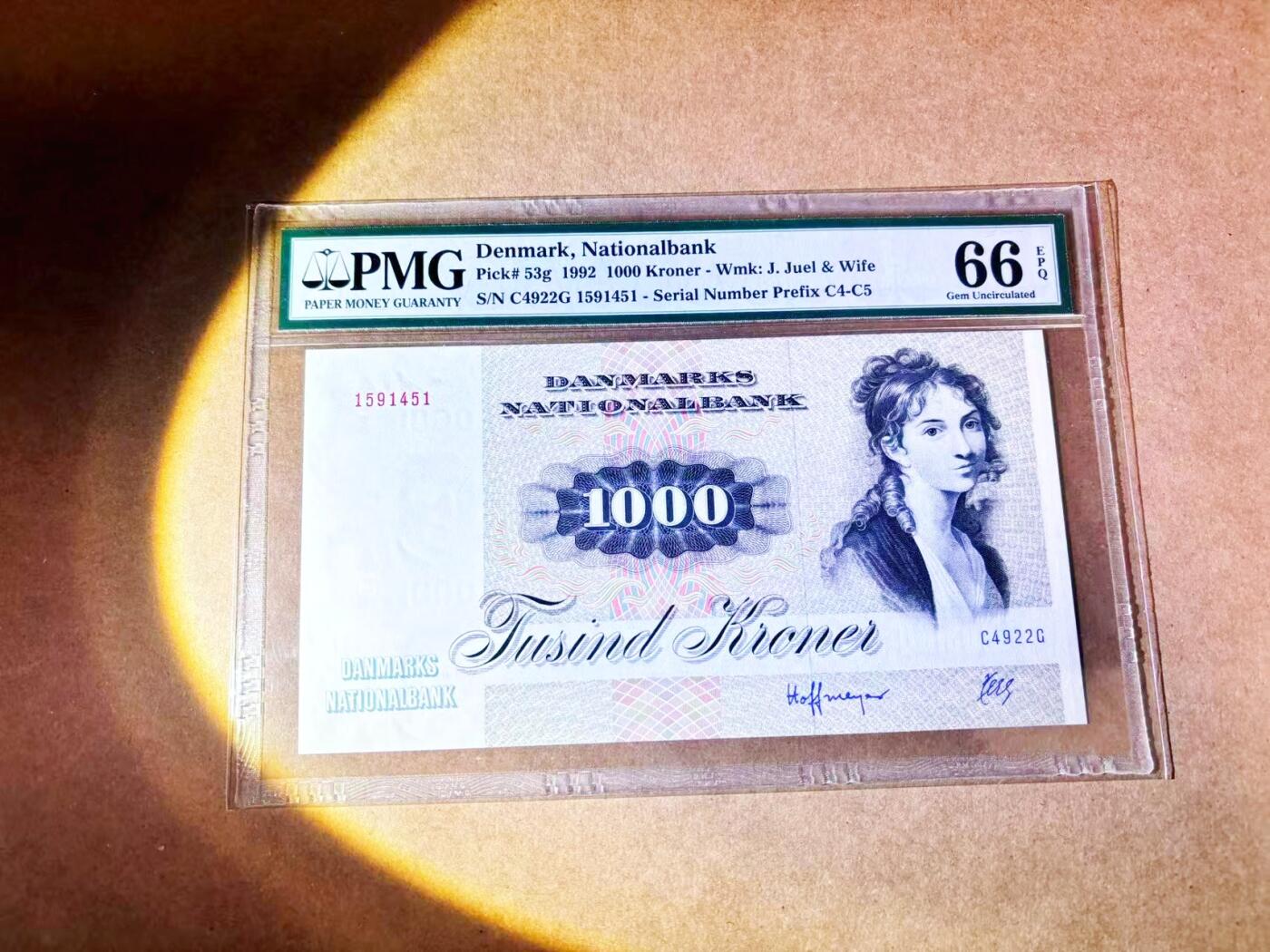 【Blue Auction】世界纸币精拍第768期——18级TOP拍卖/信誉/品质/专业/高效💫 丹麦 1992年1000克朗 大松鼠 PMG66EPQ 老壳