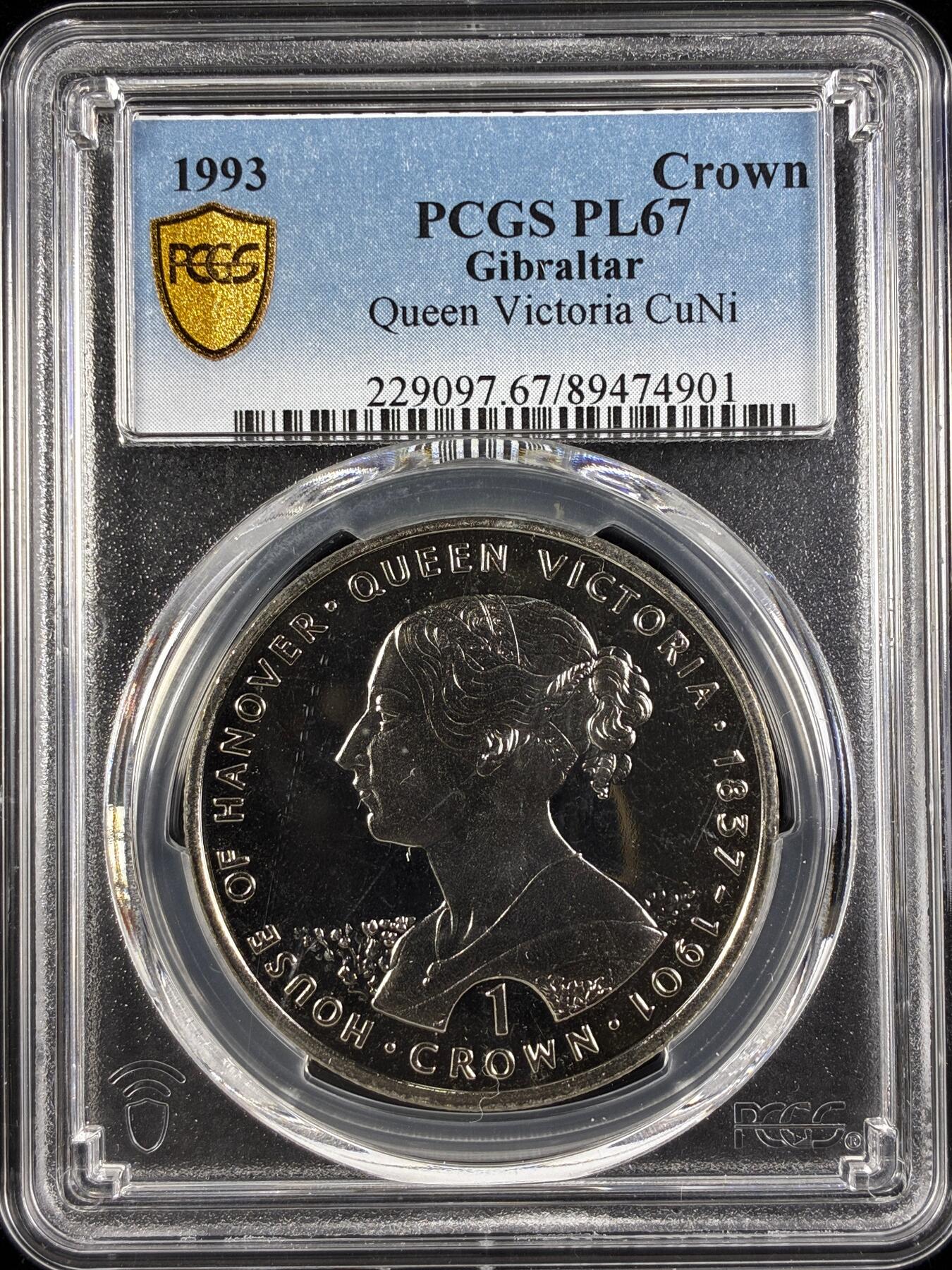 【雨安】【直播拍卖】【世界币章122期-评级币】2025-12-27 周六 19:30 保真 [评级现代] Gibraltar 直布罗陀 1克朗 1993年 维多利亚 PCGS-PL67