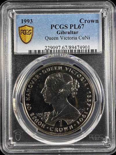 【雨安】【直播拍卖】【世界币章122期-评级币】2025-12-27 周六 19:30 保真 - [评级现代] Gibraltar 直布罗陀 1克朗 1993年 维多利亚 PCGS-PL67