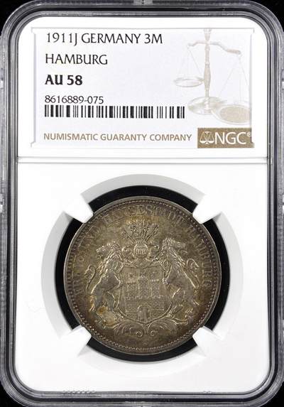 【雨安】【直播拍卖】【世界币章122期-评级币】2025-12-27 周六 19:30 保真 - [评级德国] Germany 德国 帝国 J.064 汉堡 3马克 (1908-1914) 双狮 1911年  NGC-AU58