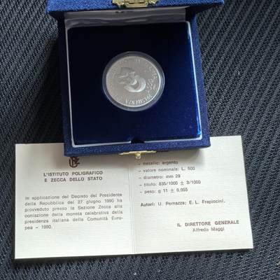 道一币馆币章第一百六十二场 - 原盒证 意大利1990年担任欧洲经济共同体主席国500里拉精制银币 10000