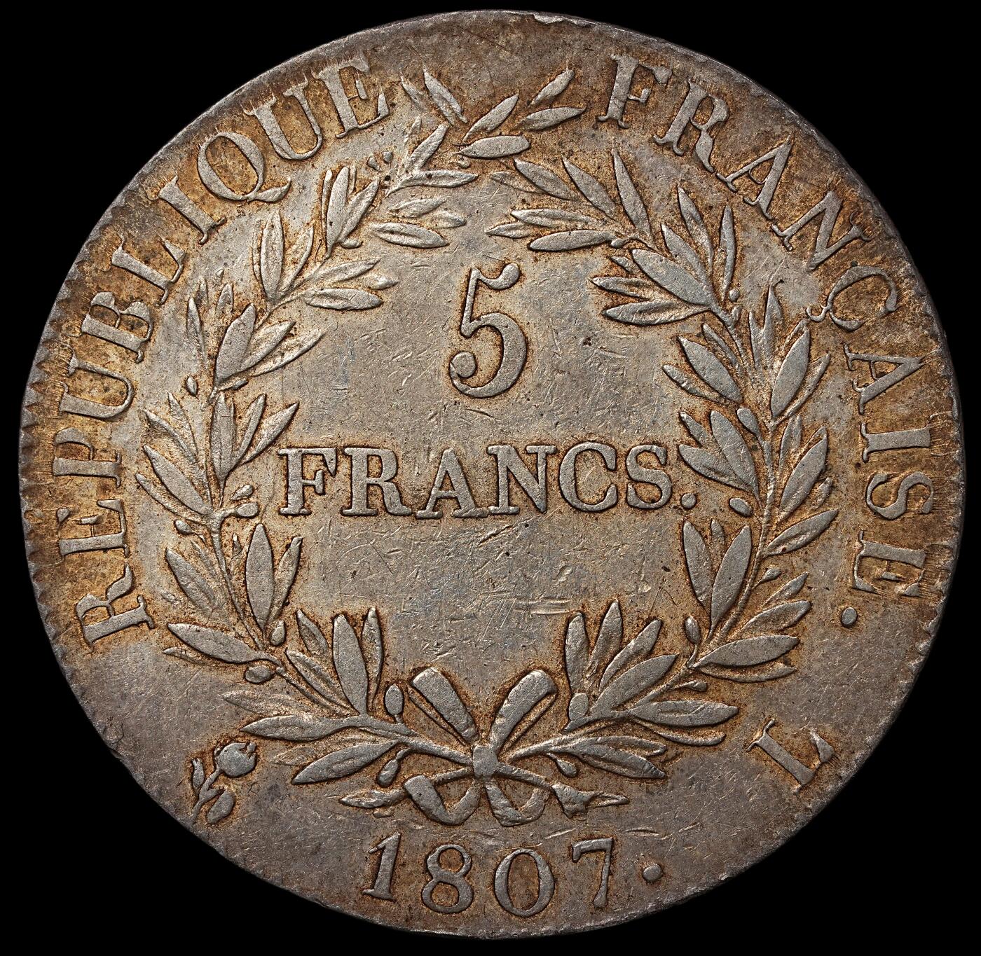 修遠堂世界钱币第九十九期 1807年法兰西第一帝国拿破仑一世5法郎大银币 L厂铭