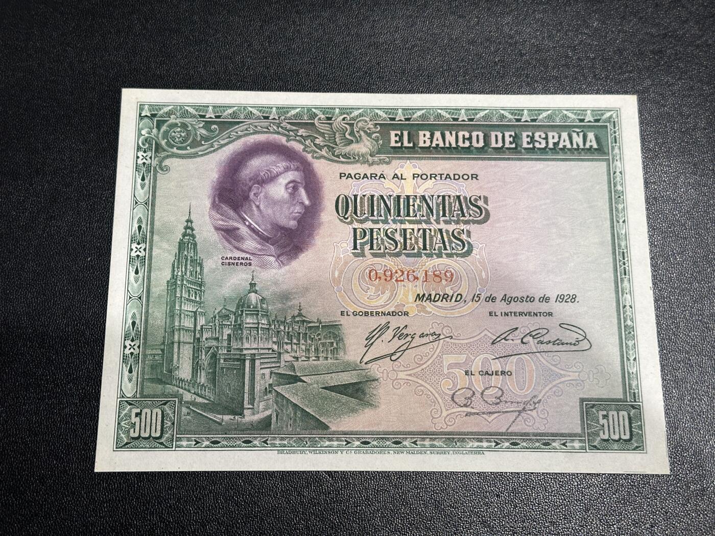 《外钞收藏家》第五百九十七期（年底收官场）（本平台长期征集拍品、欢迎藏友们联系合作） 1928年西班牙500比塞塔 UNC- 边角有瑕疵 精美BWC大票幅