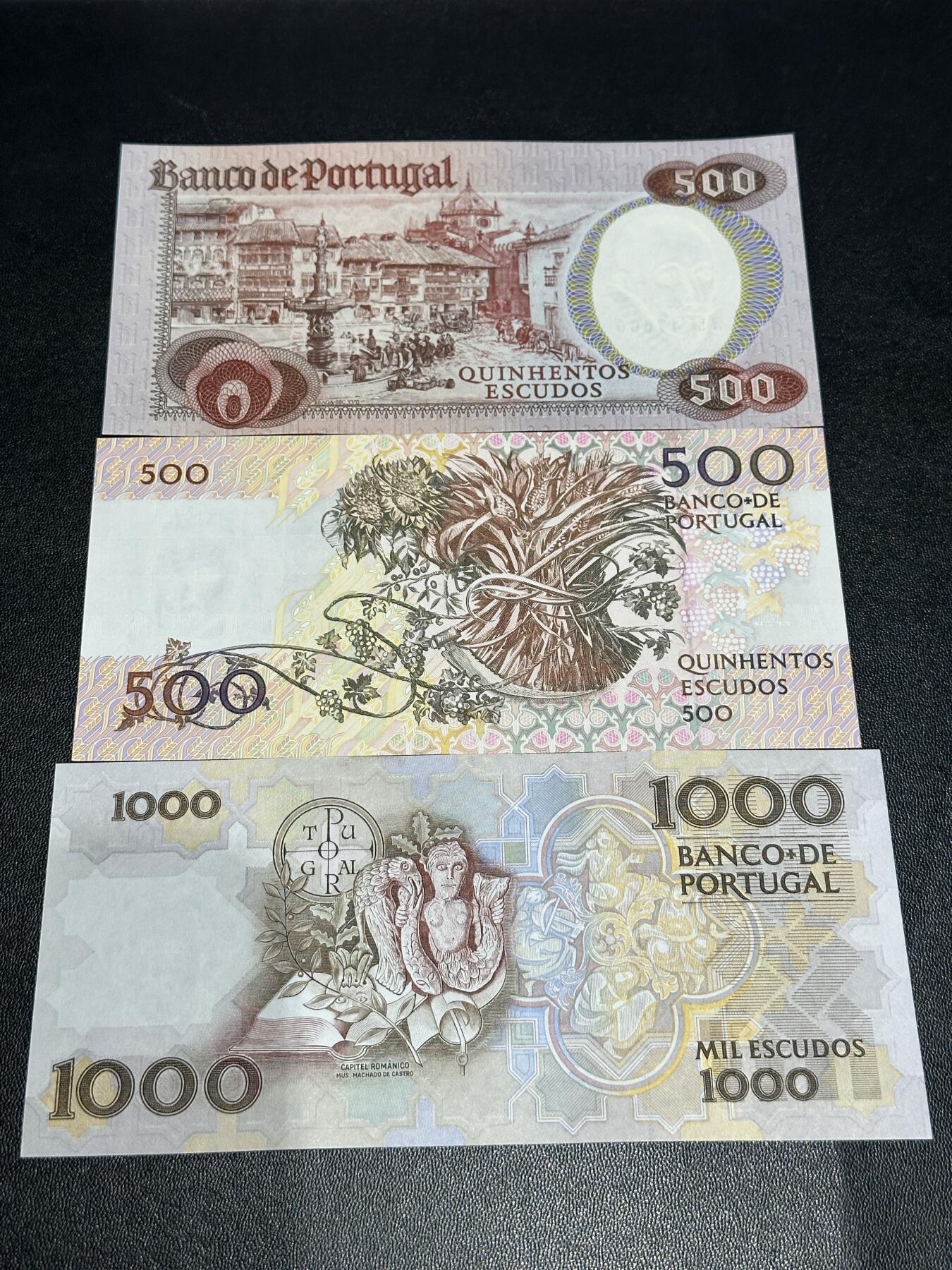 《外钞收藏家》第五百九十七期（年底收官场）（本平台长期征集拍品、欢迎藏友们联系合作） 葡萄牙500和1000面额 500有两个版本 全新UNC