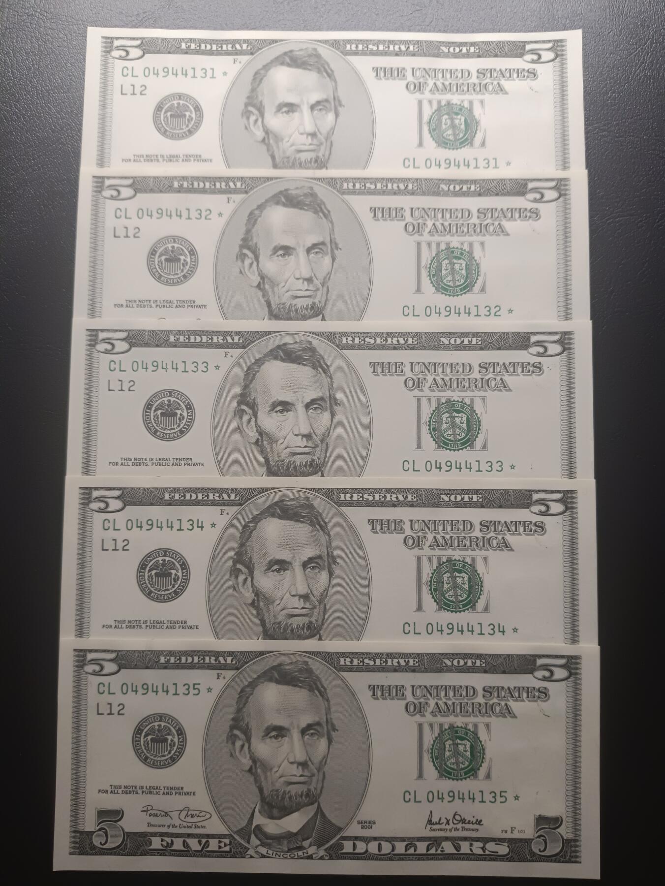 2025十二月第五期，总210期 美国2001年版5元UNC批量标五，少见星补号