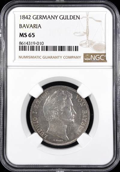 【雨安】【直播拍卖】【世界币章122期-评级币】2025-12-27 周六 19:30 保真 - [评级德国] Germany 德国 德意志 1盾 Bavaria巴伐利亚 KM#0788 (1837-1856) 路德维希一世 1842年  NGC-MS65 唯一冠军分