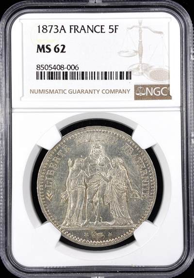 【雨安】【直播拍卖】【世界币章122期-评级币】2025-12-27 周六 19:30 保真 - [评级法国] France 法国 5法郎 KM#0820 (1870-1889) 大力神  NGC-MS62