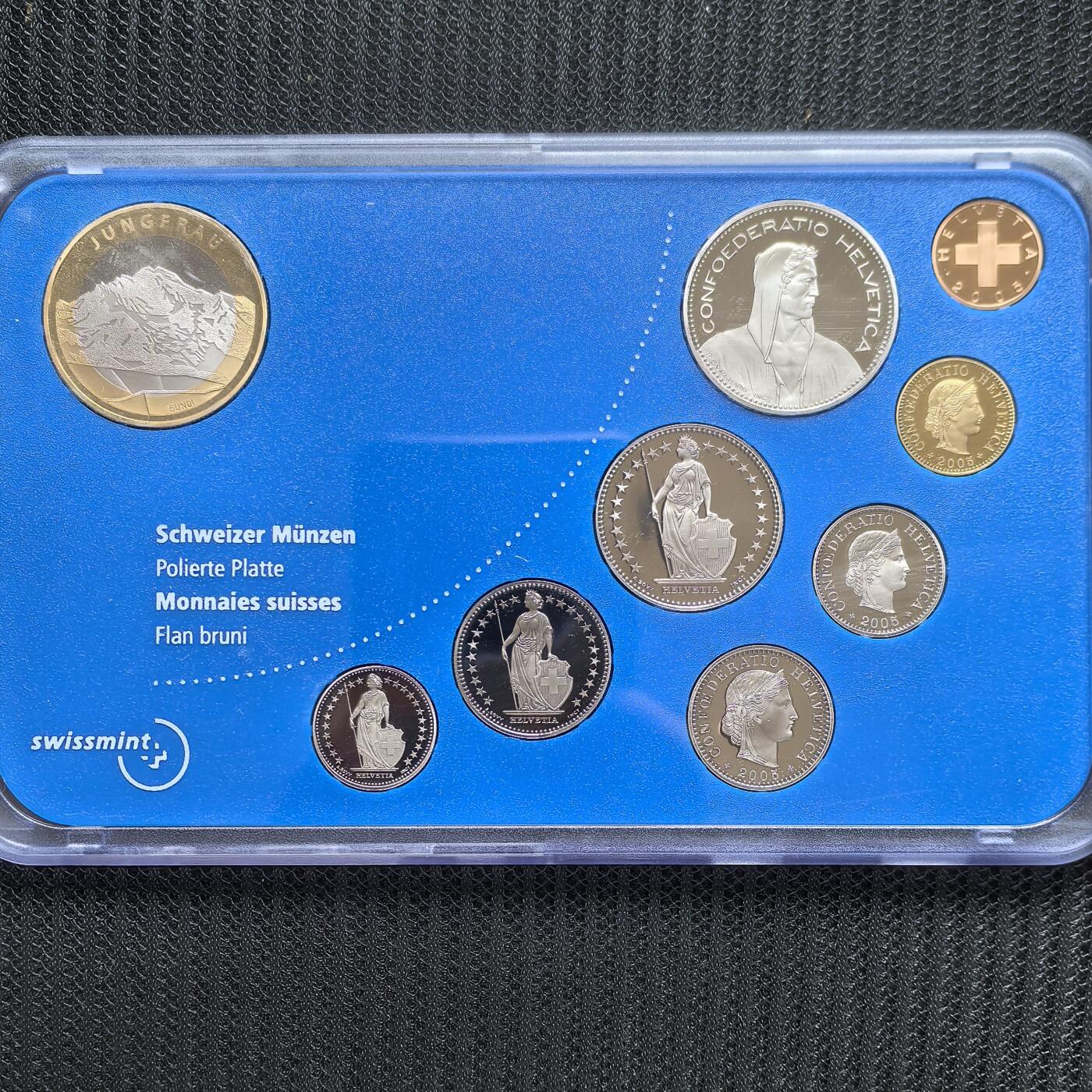 道一币馆币章第一百六十二场 原包装 瑞士2005年少女峰精制套币十枚 含10法郎纪念币