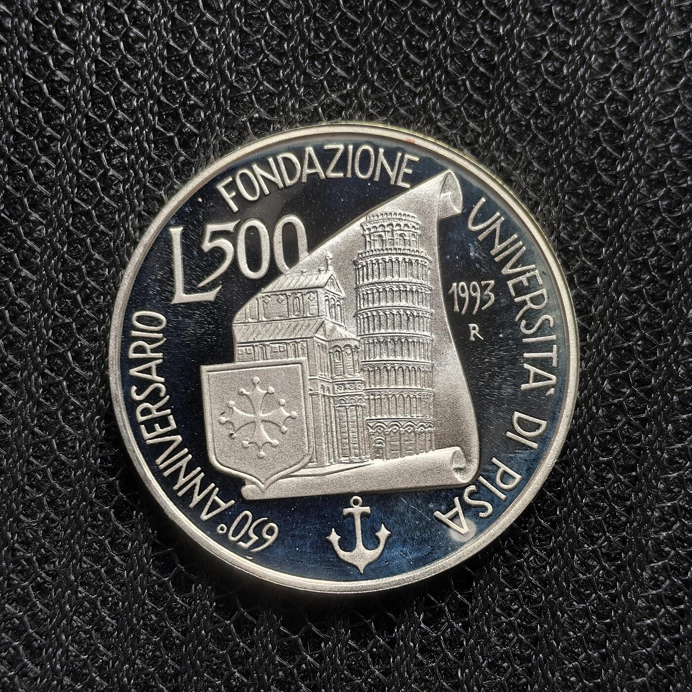 道一币馆币章第一百六十二场 原盒证 意大利1993年比萨大学建校650周年500里拉精制银币 9000