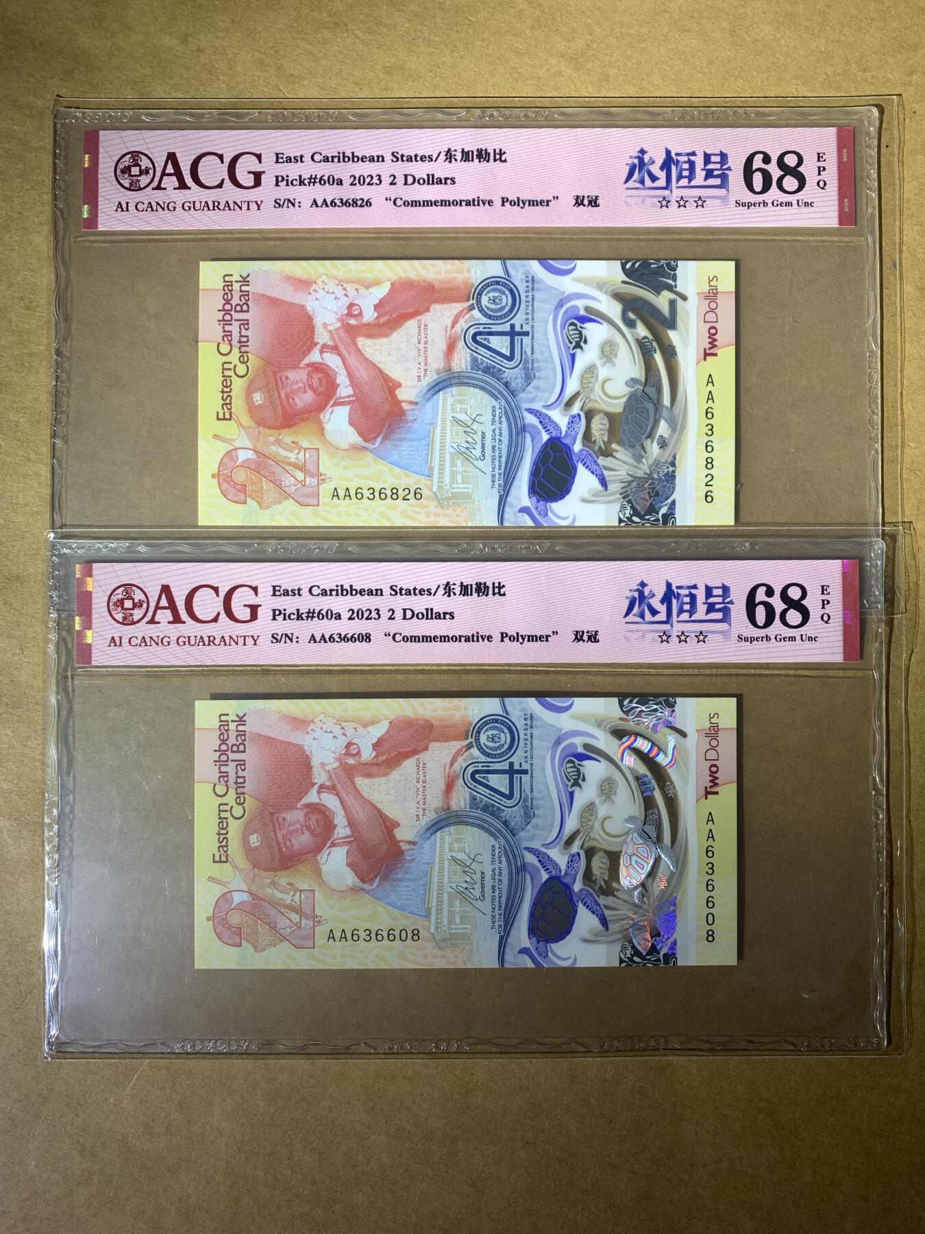 【礼羽收藏】🌏世界钱币拍卖第118期 【AA636826、AA636608】2023年东加勒比2面值纪念钞 获奖钞 2张 AA首发冠 都是无47号码