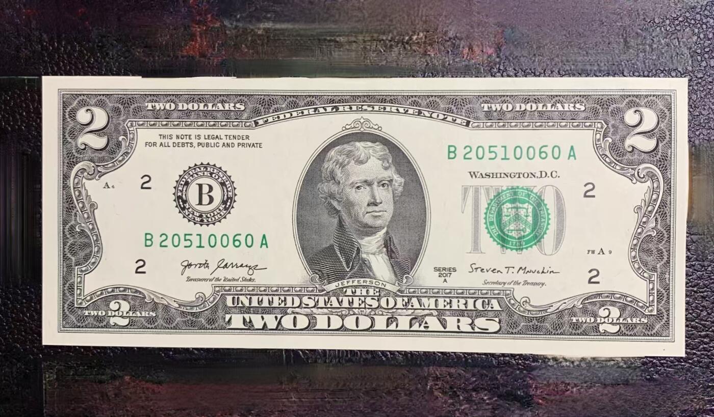 【无47】全新2017A年版美国托马斯·杰斐逊2美元纸币(年份号、钻石号）