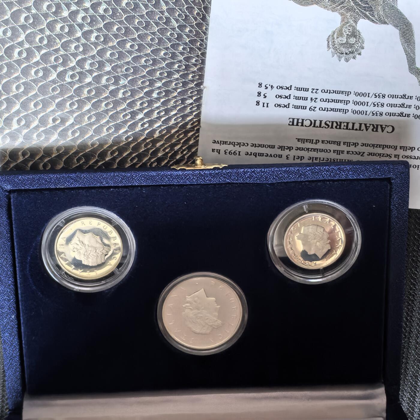 道一币馆币章第一百六十二场 原盒证 意大利1993年意大利国家银行百年精制银币三枚套  10500