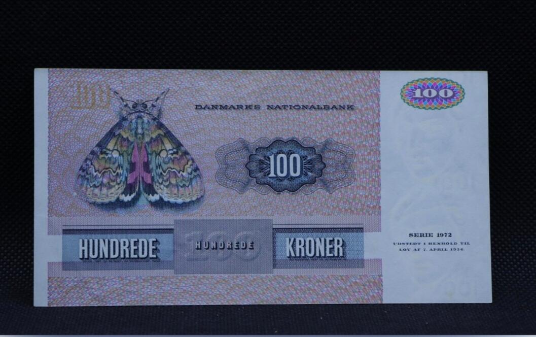 丹麦 1972年 初版 100克朗 纸币 AU 极美品