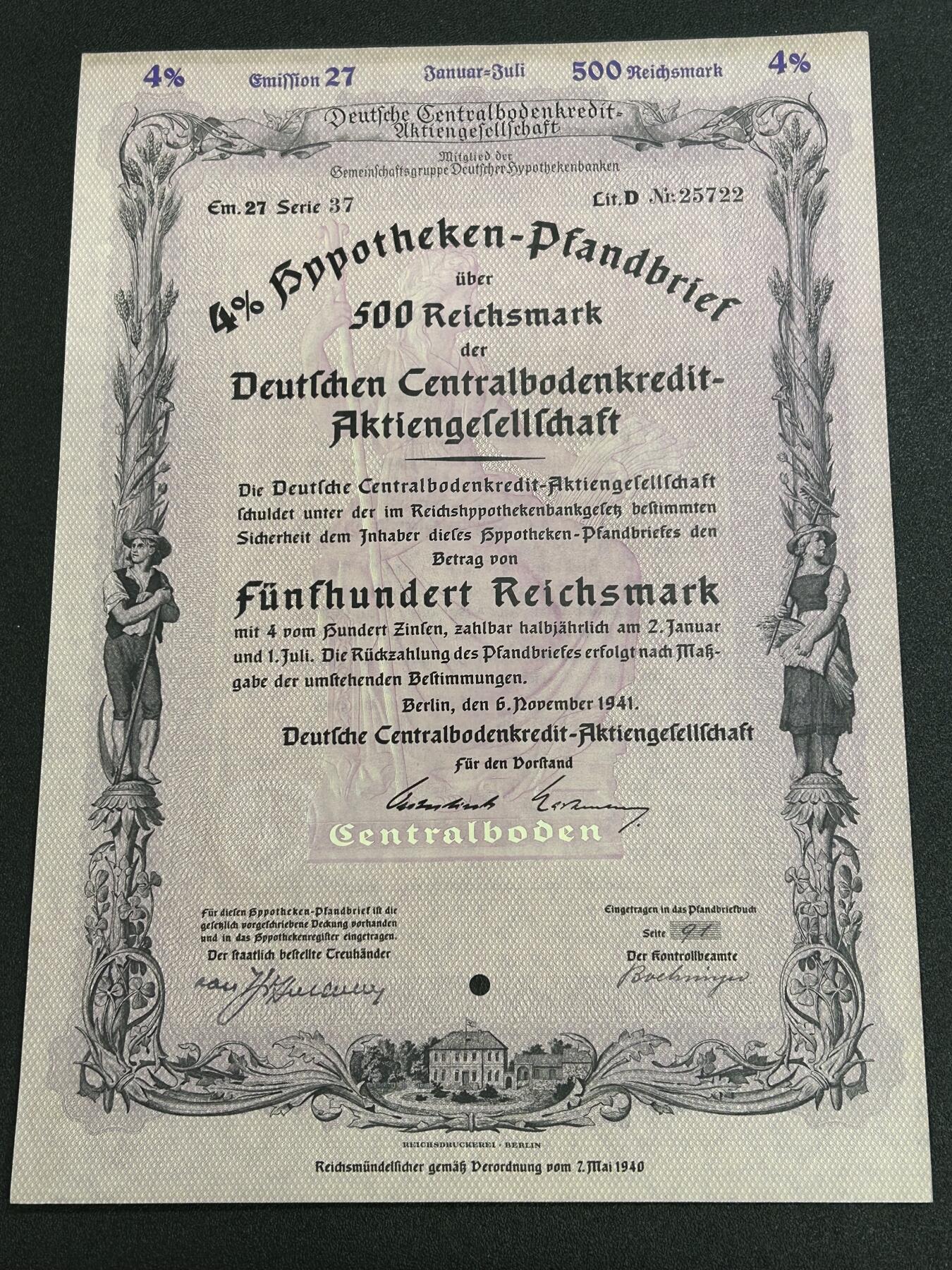 西秦中古拍卖第七十期 二战时期 德三1941年土地信贷500马克债券 有水印