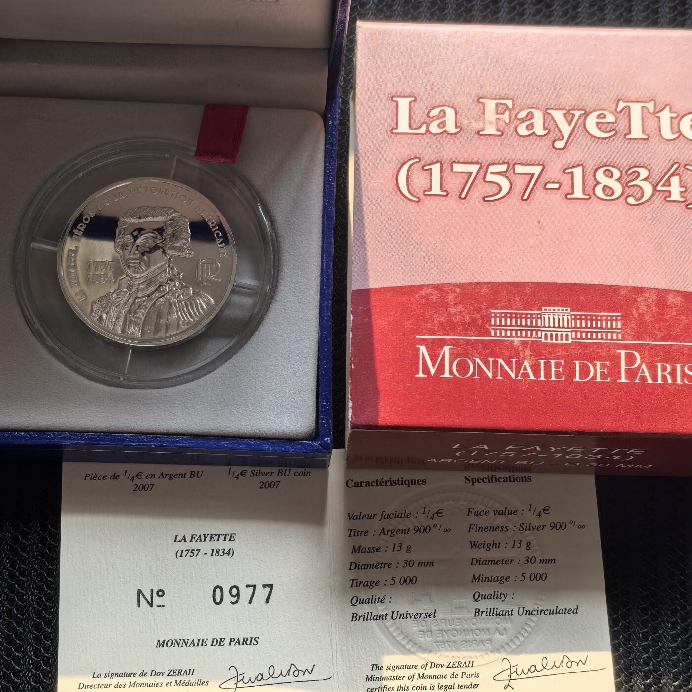 道一币馆币章第一百六十二场 原盒证 法国2007年拉法耶特将军逝世250周年1/4欧元银币 