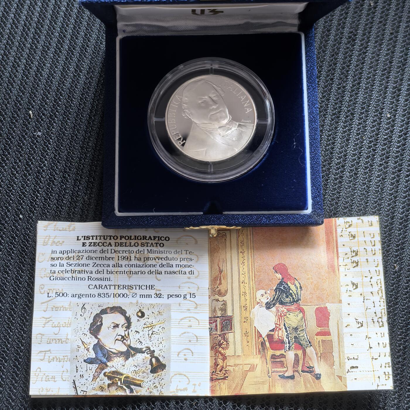 道一币馆币章第一百六十二场 原盒证 意大利1992年作曲家罗西尼诞辰200周年500里拉精制银币 9000
