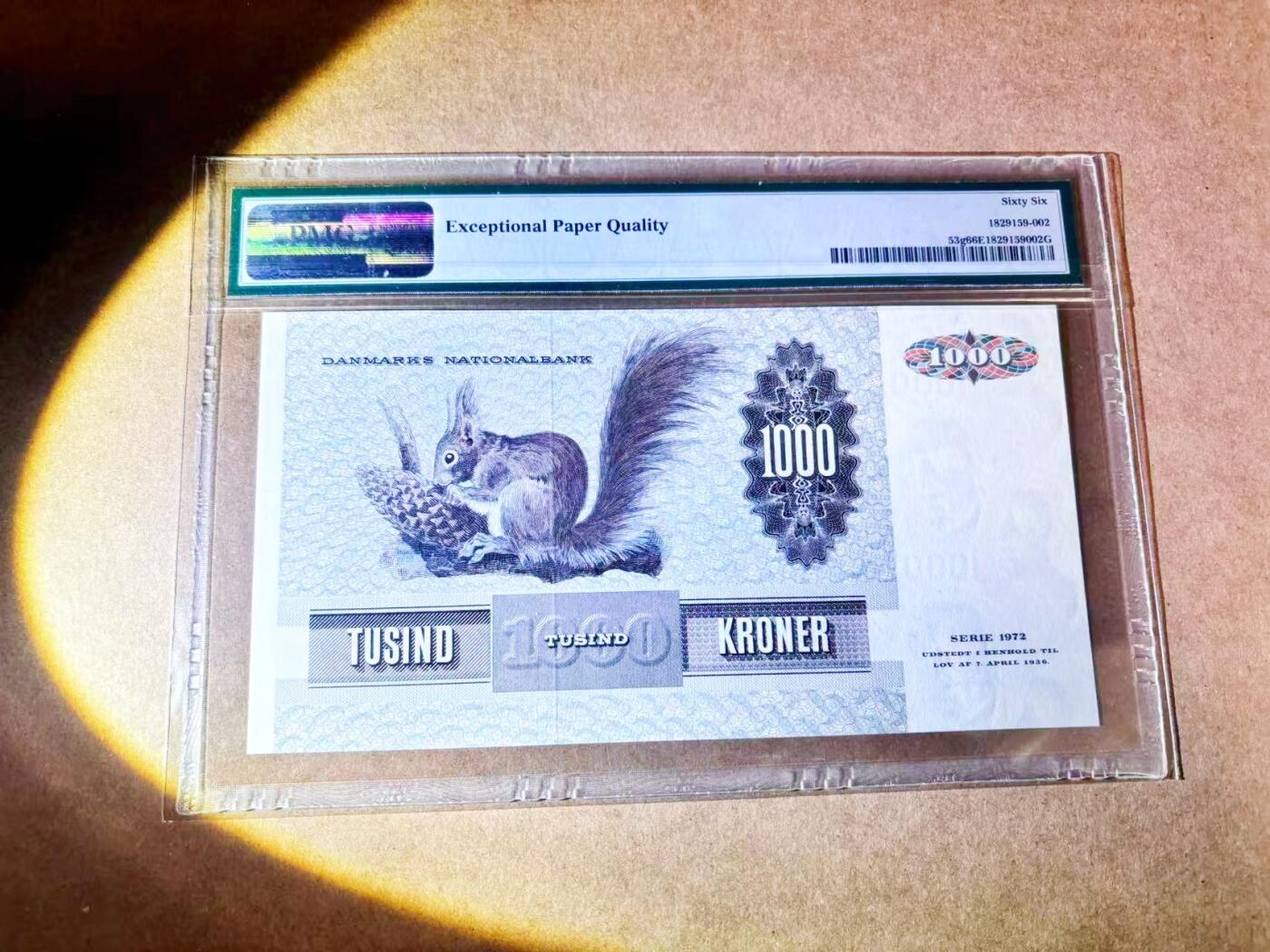 【Blue Auction】世界纸币精拍第768期——18级TOP拍卖/信誉/品质/专业/高效💫 丹麦 1992年1000克朗 大松鼠 PMG66EPQ 老壳