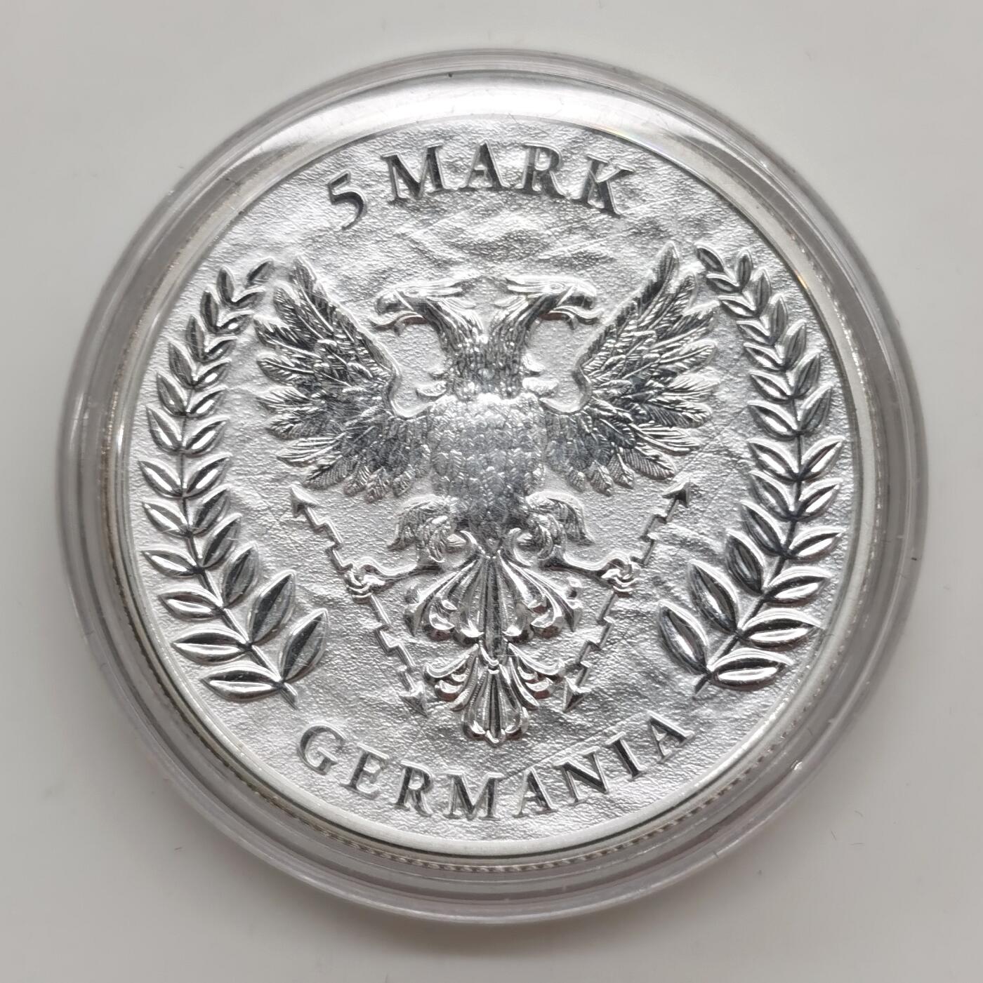 博洋堂世界钱币拍卖第154期（全场包邮） 德国2024年日耳曼尼亚女武神主题5马克大银币，1盎司999银，原盒原装