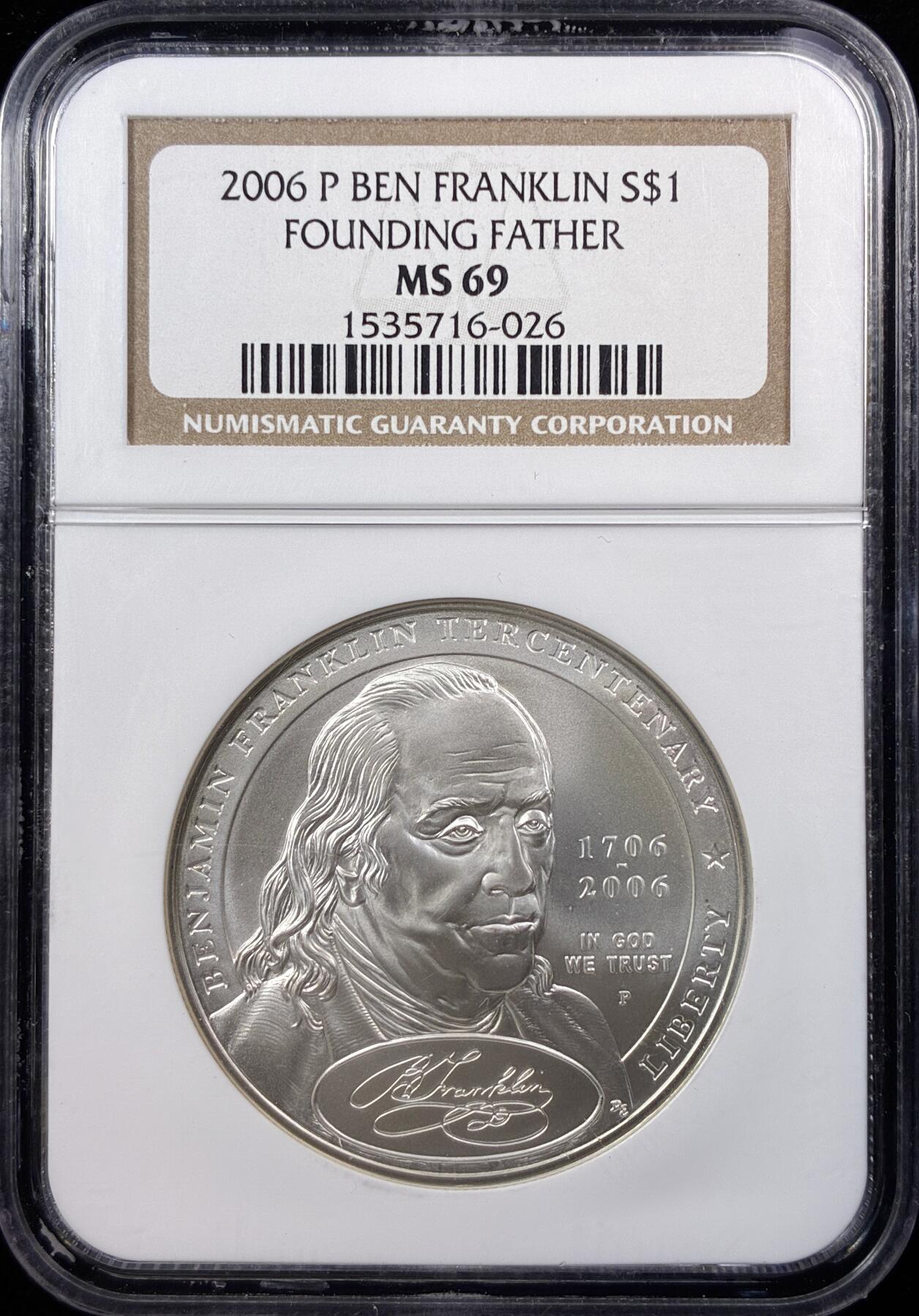 【雨安】【直播拍卖】【世界币章122期-评级币】2025-12-27 周六 19:30 保真 [评级现代] USA 美国 纪念币 1美元 2006年 开国元勋-富兰克林  NGC-MS69